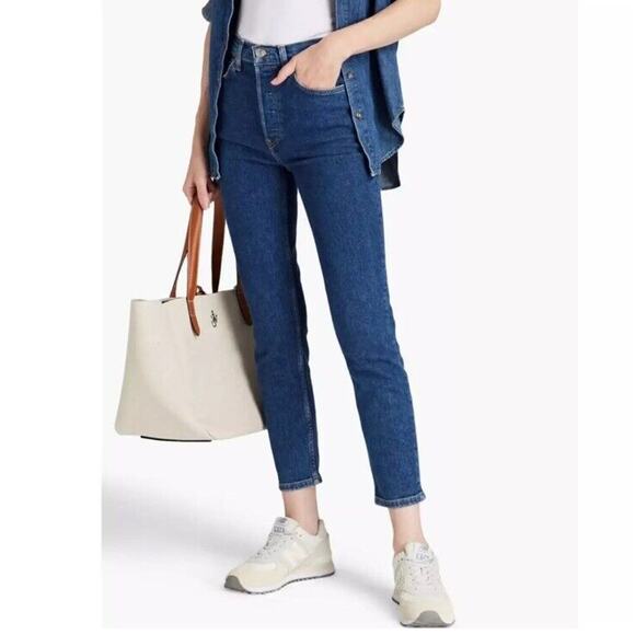 RE/Done 90s High Rise Ankle Crop Dark Western Rinse Jeans Size 32 Button Fly R15 - Picture 2 of 8